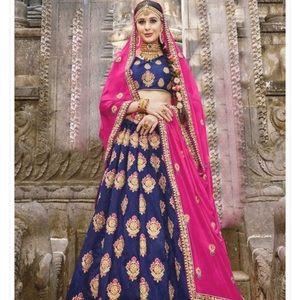 Lehenga with Dupatta in Navy Blue and Pink